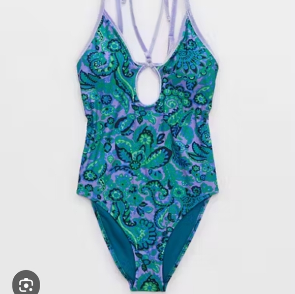 Aerie One Piece Keyhole Swimsuit - Blue, Purple And Green Floral. Size Medium - Picture 2 of 7